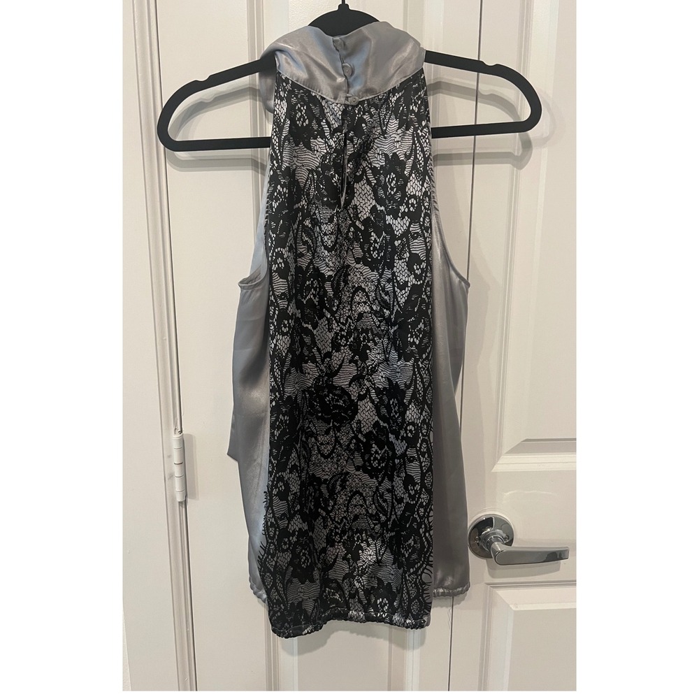 Ashley Stewart Silver Satin Halter Top Black Lace Panel Neck Tie 14W (1135) - Picture 11 of 14